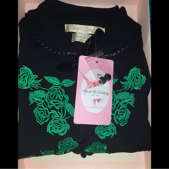 Wheels and Dollbaby Dita Cardigan Black with Emerald Embroidered 12 NWT - Picture 6 of 10